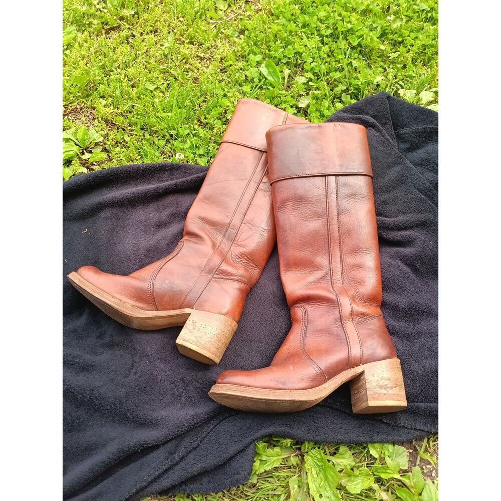 RARE Miss Capezio 70s Campus Brown Tall Leather Boots size 7 M Wood Heel USA - Picture 2 of 10